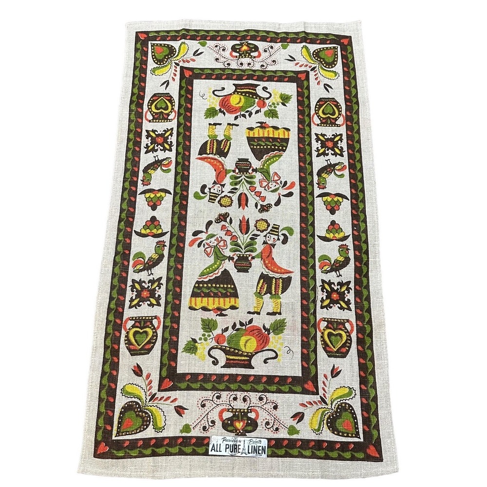Vintage German Folklore Motif Parisian Prints Pure Linen Tea Towel Wall Hanging